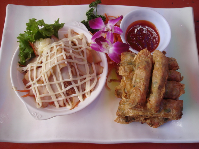 Signature Grass Shrimp Roll and Abalone Salad