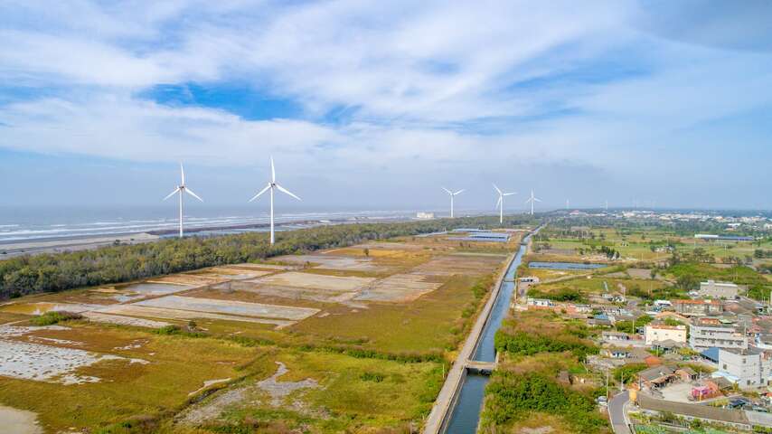 從空中鳥瞰，可以看到海岸旁的風力發電機及一線天自行車道