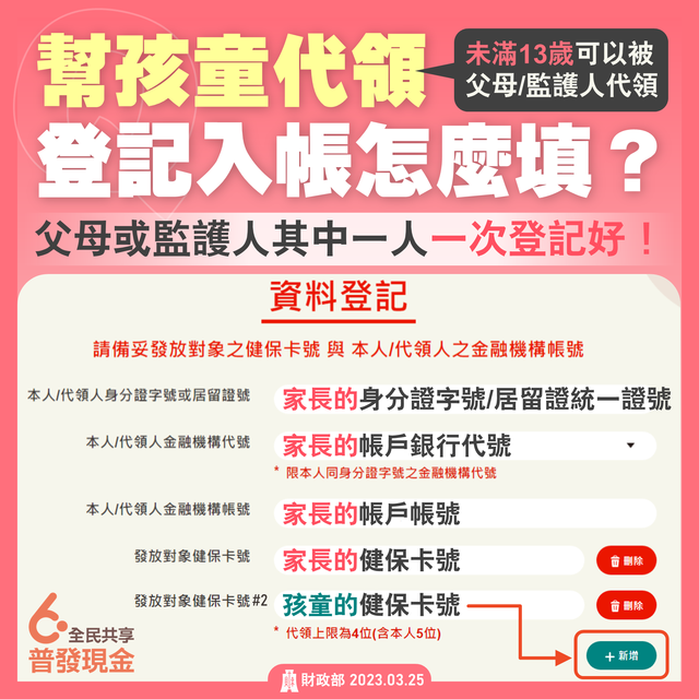 代領未滿13歲孩子登記入帳如何填